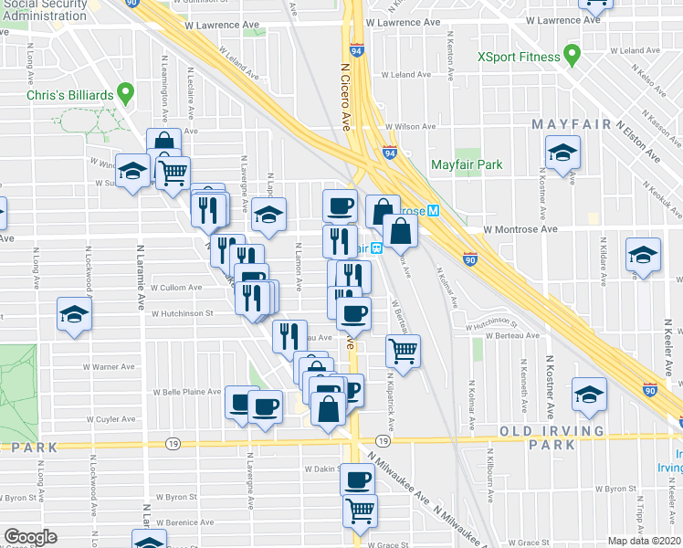 map of restaurants, bars, coffee shops, grocery stores, and more near 4320 North Cicero Avenue in Chicago