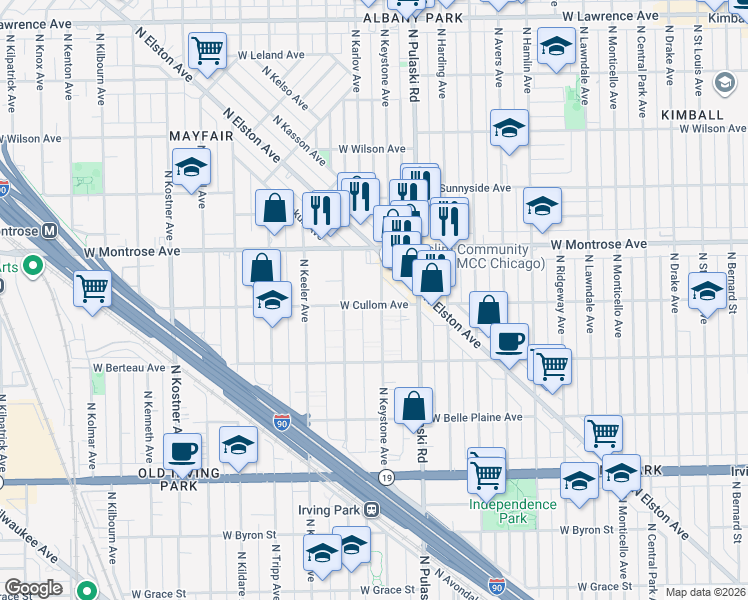 map of restaurants, bars, coffee shops, grocery stores, and more near 4300 North Keystone Avenue in Chicago