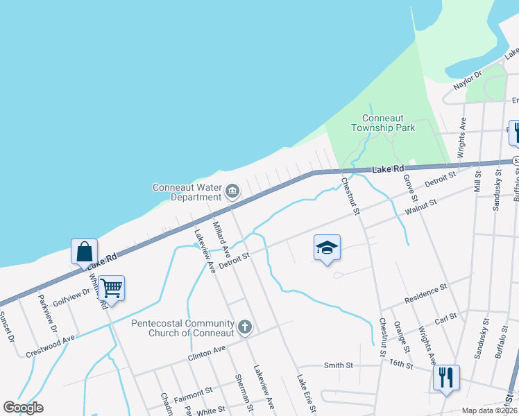 map of restaurants, bars, coffee shops, grocery stores, and more near 731 Lake Road in Conneaut