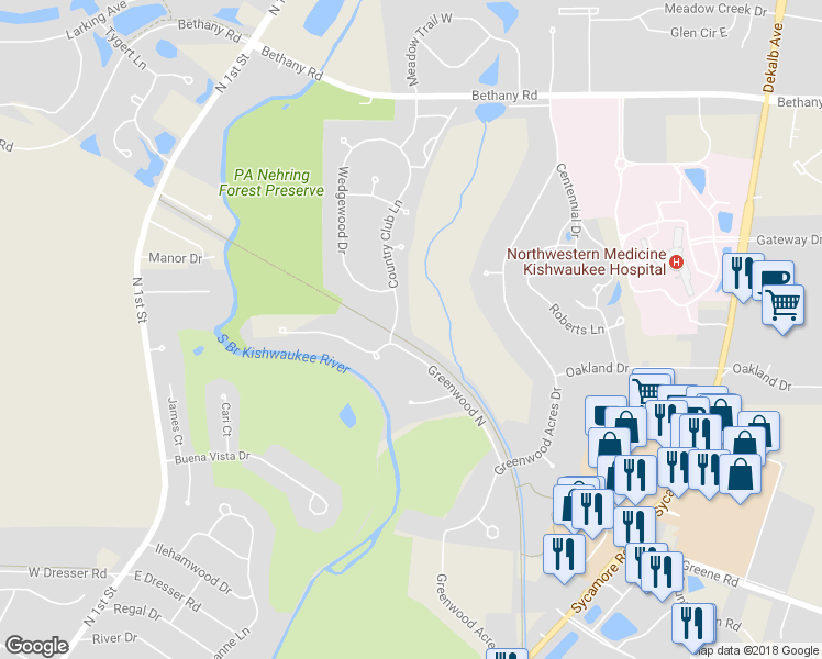 map of restaurants, bars, coffee shops, grocery stores, and more near 2700 Country Club Lane in DeKalb