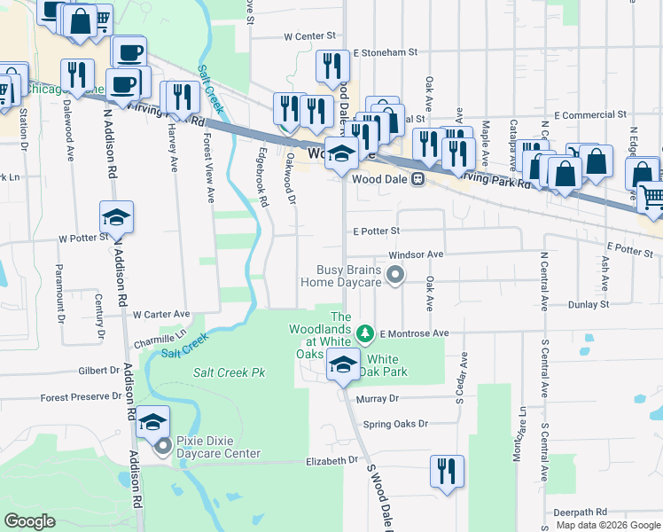 map of restaurants, bars, coffee shops, grocery stores, and more near 180 North Wood Dale Road in Wood Dale