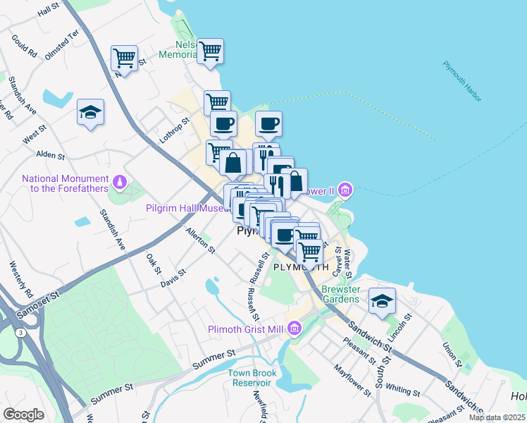 map of restaurants, bars, coffee shops, grocery stores, and more near 114 Water Street in Plymouth