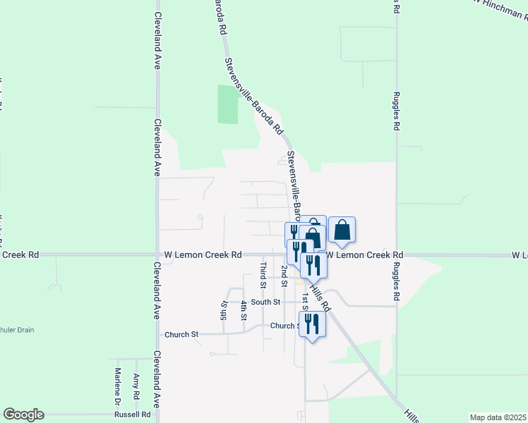 map of restaurants, bars, coffee shops, grocery stores, and more near 8836 Stevensville-Baroda Road in Baroda