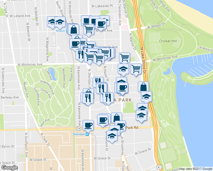 map of restaurants, bars, coffee shops, grocery stores, and more near 4244 North Hazel Street in Chicago
