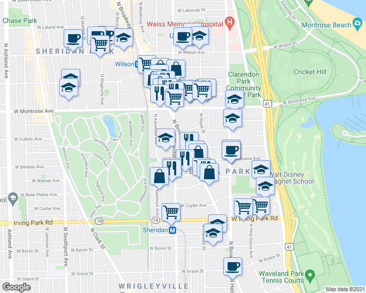 map of restaurants, bars, coffee shops, grocery stores, and more near 4244 North Broadway in Chicago