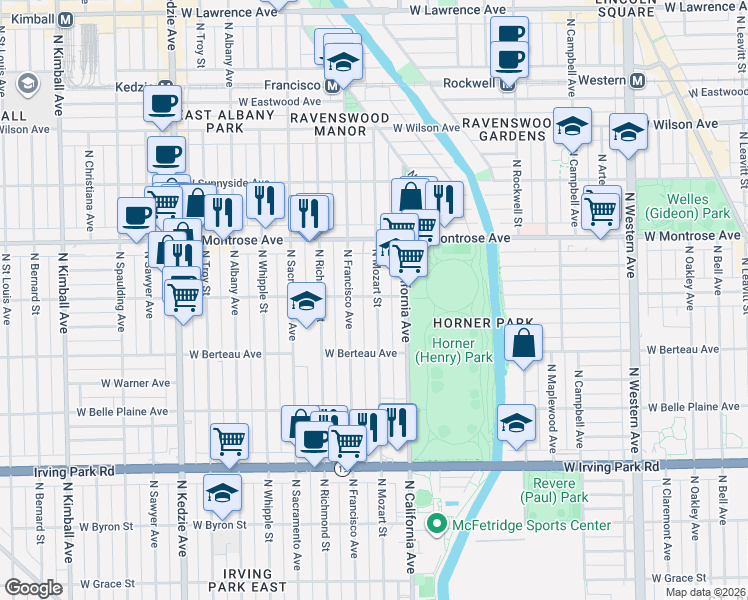 map of restaurants, bars, coffee shops, grocery stores, and more near 2856 West Cullom Avenue in Chicago