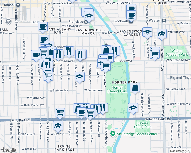 map of restaurants, bars, coffee shops, grocery stores, and more near 2856 West Cullom Avenue in Chicago