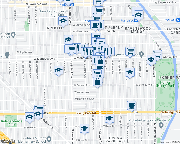 map of restaurants, bars, coffee shops, grocery stores, and more near 4304 North Sawyer Avenue in Chicago