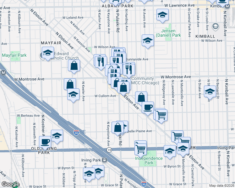 map of restaurants, bars, coffee shops, grocery stores, and more near 4343 North Elston Avenue in Chicago