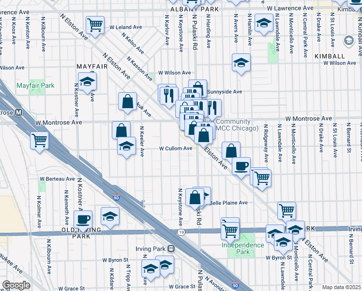 map of restaurants, bars, coffee shops, grocery stores, and more near 4319 North Keystone Avenue in Chicago