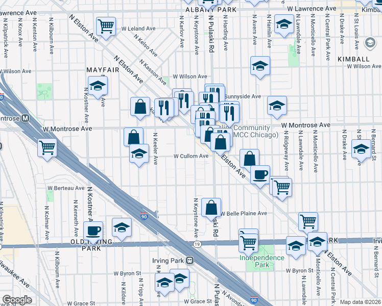map of restaurants, bars, coffee shops, grocery stores, and more near 4319 North Keystone Avenue in Chicago
