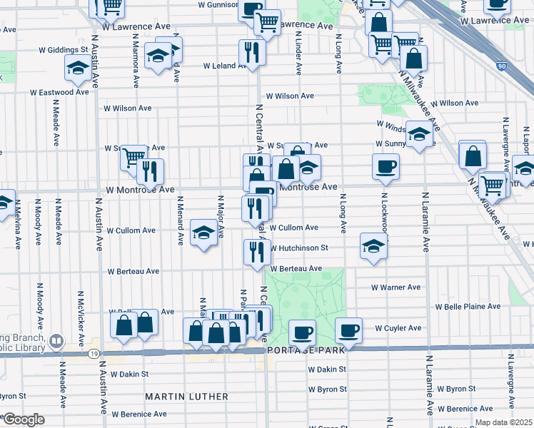map of restaurants, bars, coffee shops, grocery stores, and more near 5545 West Pensacola Avenue in Chicago