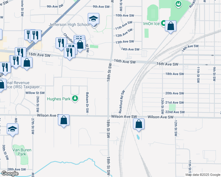 map of restaurants, bars, coffee shops, grocery stores, and more near 1801 Shady Grove Road Southwest in Cedar Rapids