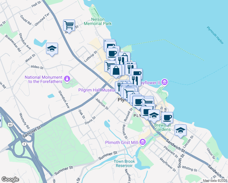 map of restaurants, bars, coffee shops, grocery stores, and more near 86 Court Street in Plymouth