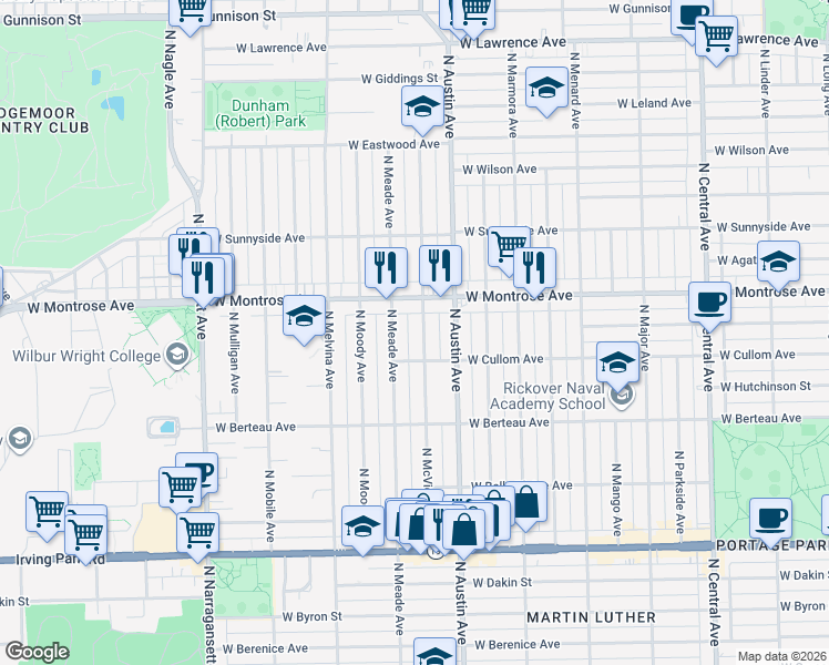 map of restaurants, bars, coffee shops, grocery stores, and more near 4334 North McVicker Avenue in Chicago