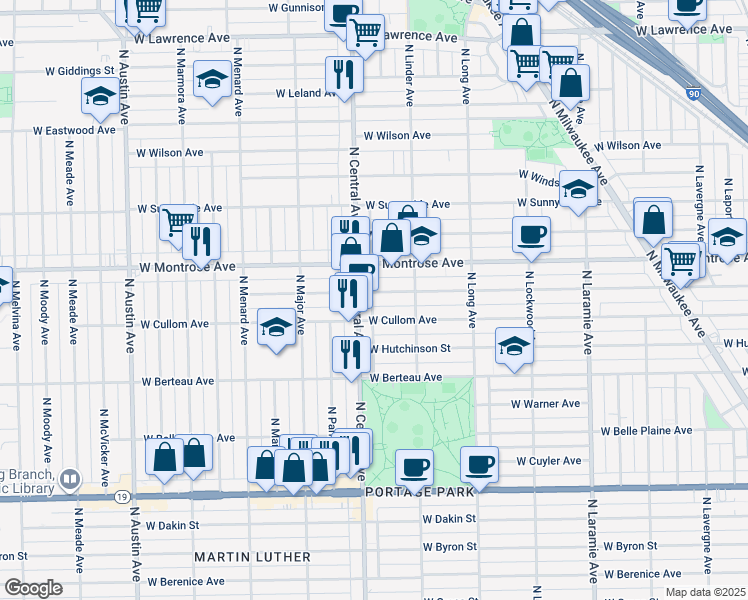 map of restaurants, bars, coffee shops, grocery stores, and more near 5545 West Pensacola Avenue in Chicago