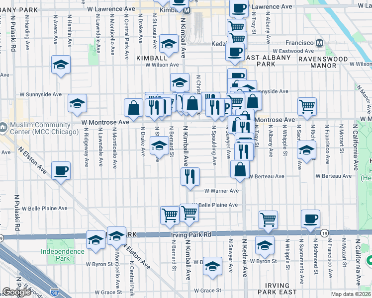 map of restaurants, bars, coffee shops, grocery stores, and more near N Kimball Ave & W Cullom Ave in Chicago