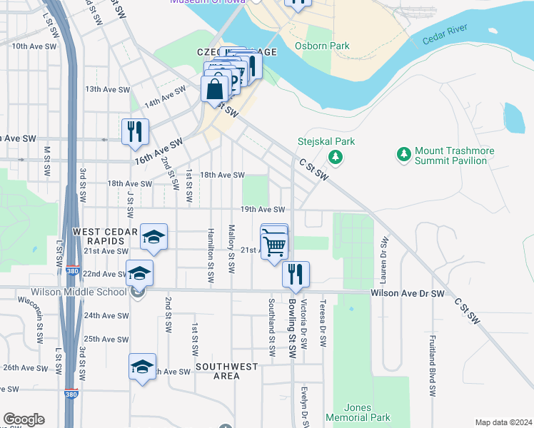 map of restaurants, bars, coffee shops, grocery stores, and more near 139 19th Avenue Southwest in Cedar Rapids