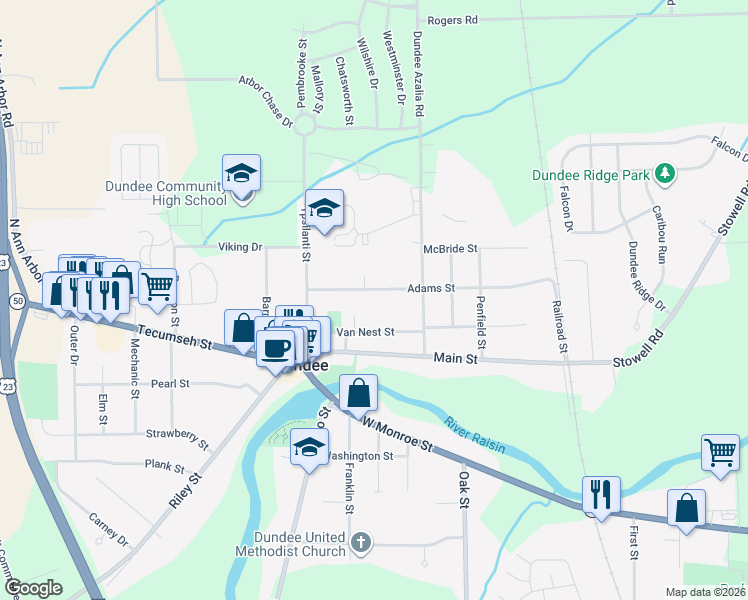 map of restaurants, bars, coffee shops, grocery stores, and more near 240 Adams Street in Dundee