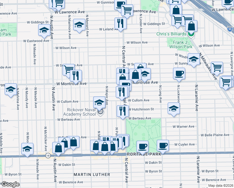 map of restaurants, bars, coffee shops, grocery stores, and more near 5625 West Pensacola Avenue in Chicago