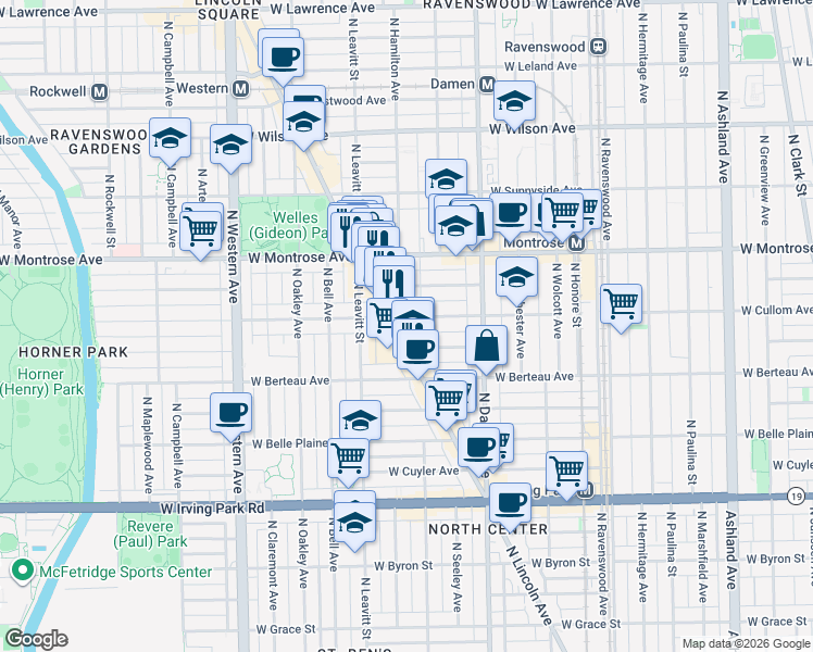 map of restaurants, bars, coffee shops, grocery stores, and more near 4257 North Lincoln Avenue in Chicago