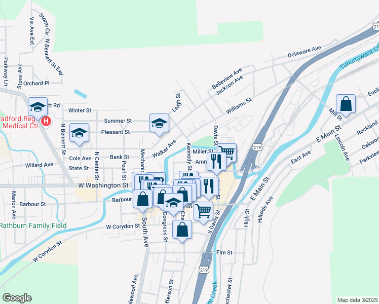 map of restaurants, bars, coffee shops, grocery stores, and more near 1 Miller Street in Bradford