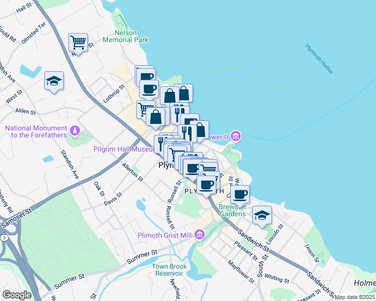 map of restaurants, bars, coffee shops, grocery stores, and more near 114 Water Street in Plymouth