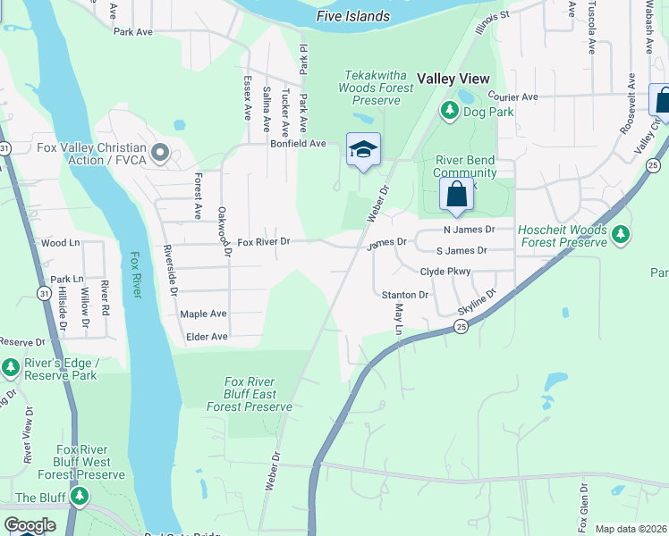 map of restaurants, bars, coffee shops, grocery stores, and more near 6N192 Weber Drive in St. Charles