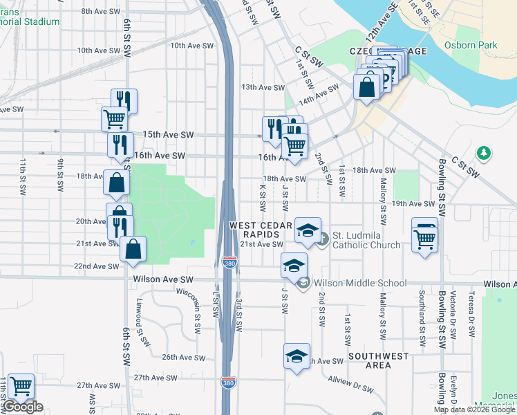 map of restaurants, bars, coffee shops, grocery stores, and more near 285 19th Avenue Southwest in Cedar Rapids