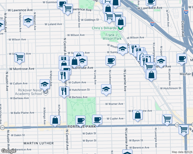 map of restaurants, bars, coffee shops, grocery stores, and more near 5355 West Pensacola Avenue in Chicago