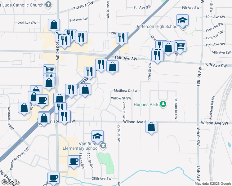 map of restaurants, bars, coffee shops, grocery stores, and more near 2721 Matthew Drive Southwest in Cedar Rapids