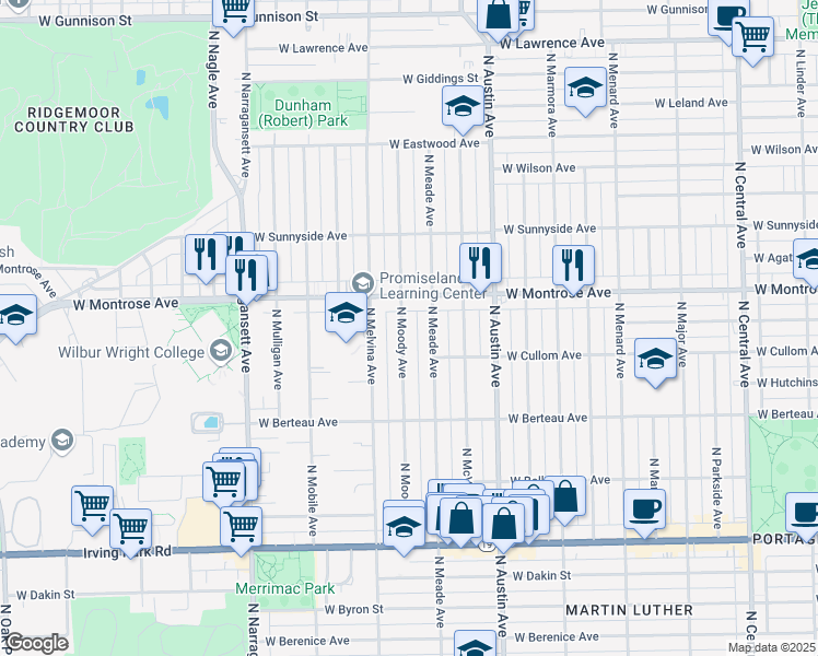 map of restaurants, bars, coffee shops, grocery stores, and more near 4329 North Moody Avenue in Chicago