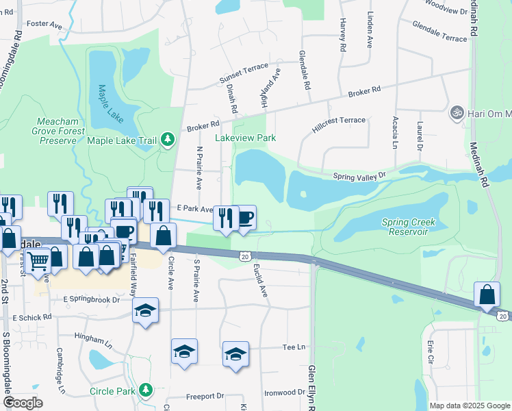 map of restaurants, bars, coffee shops, grocery stores, and more near 125 Lakeview Drive in Bloomingdale