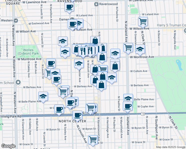 map of restaurants, bars, coffee shops, grocery stores, and more near 4255 North Honore Street in Chicago