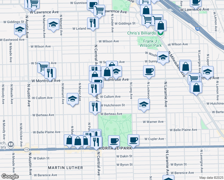 map of restaurants, bars, coffee shops, grocery stores, and more near 5505 West Pensacola Avenue in Chicago