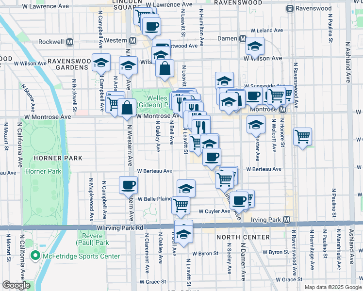 map of restaurants, bars, coffee shops, grocery stores, and more near 2207 West Cullom Avenue in Chicago