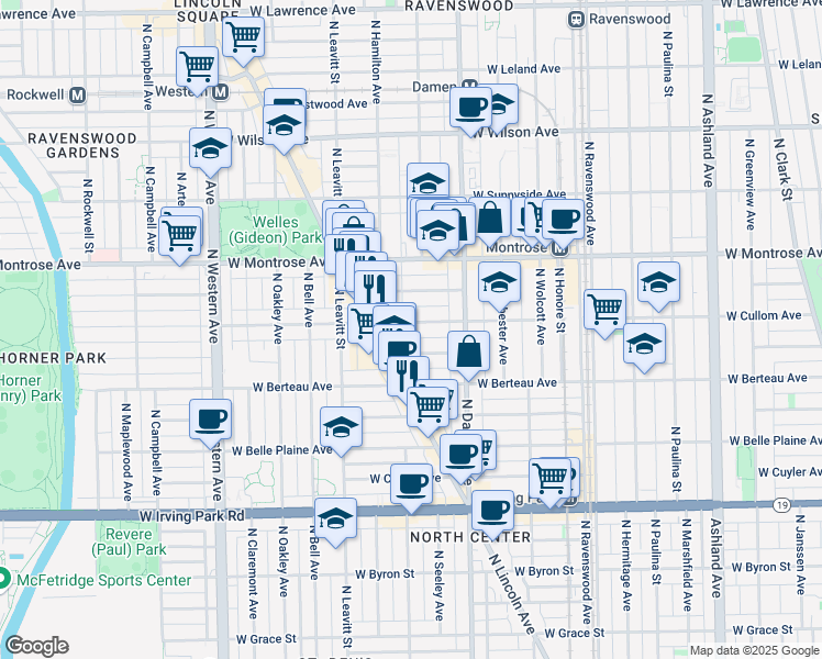 map of restaurants, bars, coffee shops, grocery stores, and more near 2055 West Cullom Avenue in Chicago