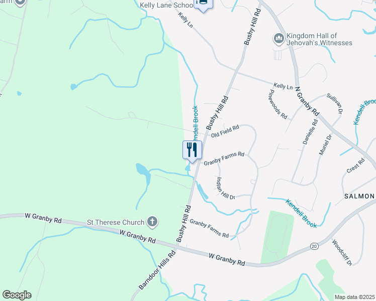 map of restaurants, bars, coffee shops, grocery stores, and more near 45 Bushy Hill Road in Granby