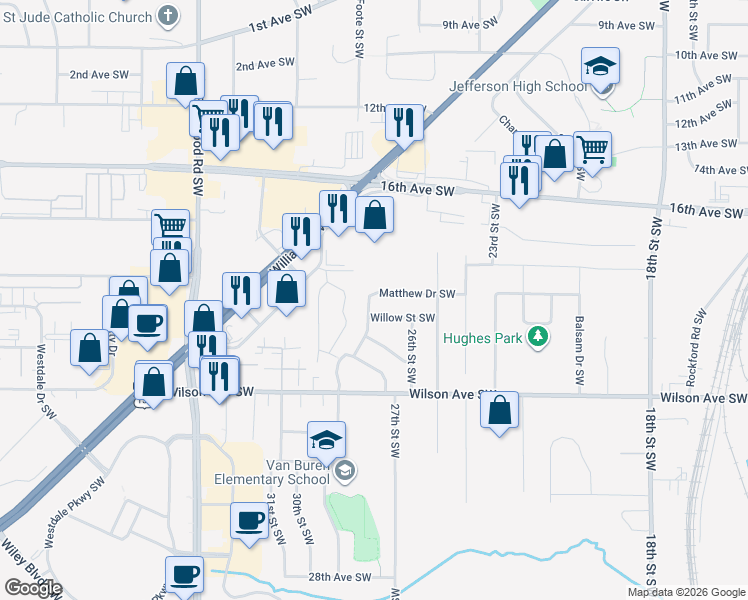 map of restaurants, bars, coffee shops, grocery stores, and more near 2721 Matthew Drive Southwest in Cedar Rapids