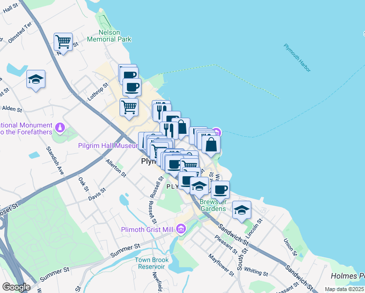 map of restaurants, bars, coffee shops, grocery stores, and more near 98 Water Street in Plymouth