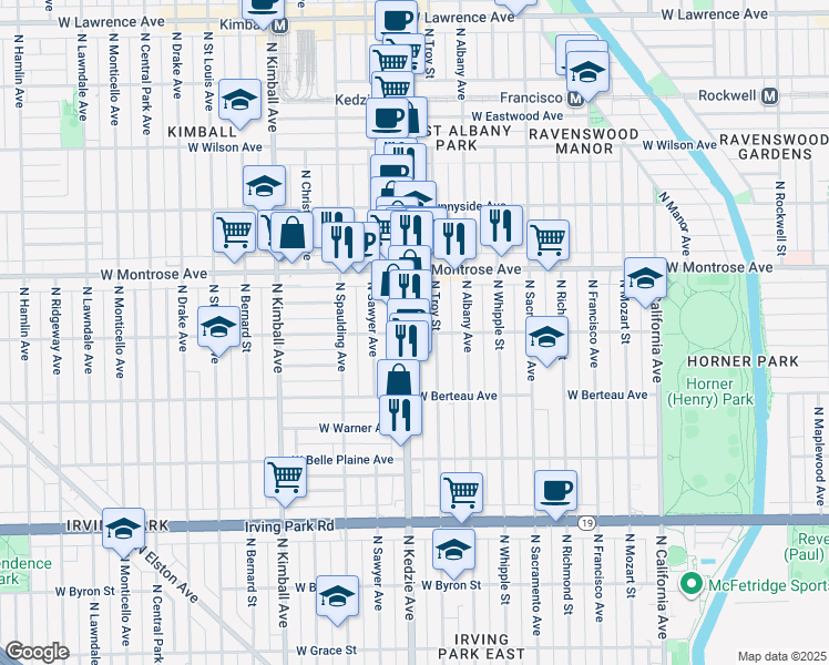 map of restaurants, bars, coffee shops, grocery stores, and more near 4301 North Kedzie Avenue in Chicago