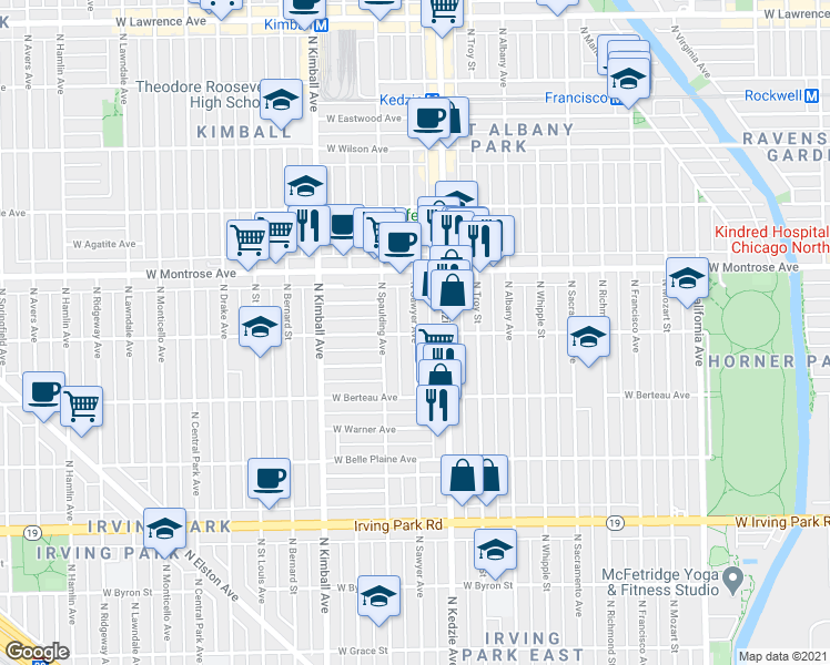 map of restaurants, bars, coffee shops, grocery stores, and more near 4304 North Sawyer Avenue in Chicago