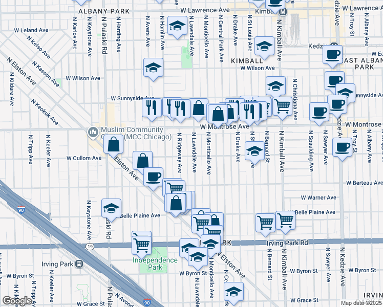 map of restaurants, bars, coffee shops, grocery stores, and more near 4309 North Lawndale Avenue in Chicago
