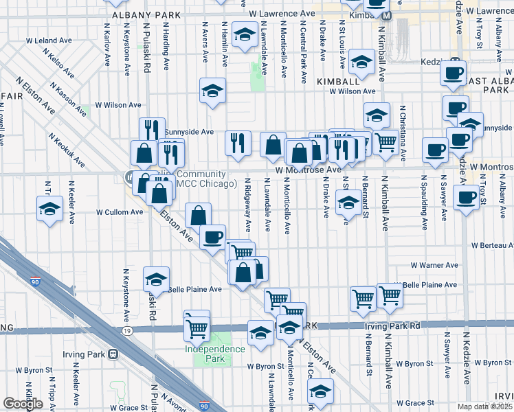map of restaurants, bars, coffee shops, grocery stores, and more near 4309 North Ridgeway Avenue in Chicago