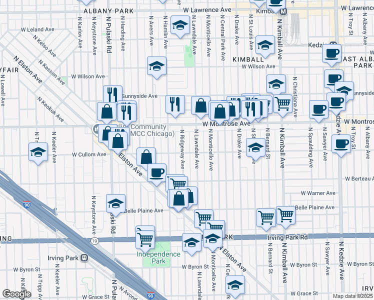 map of restaurants, bars, coffee shops, grocery stores, and more near 4309 North Ridgeway Avenue in Chicago