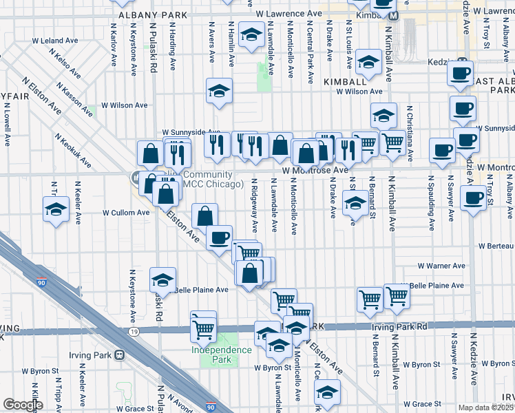 map of restaurants, bars, coffee shops, grocery stores, and more near 4309 North Ridgeway Avenue in Chicago