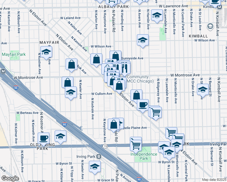 map of restaurants, bars, coffee shops, grocery stores, and more near 4343 North Elston Avenue in Chicago