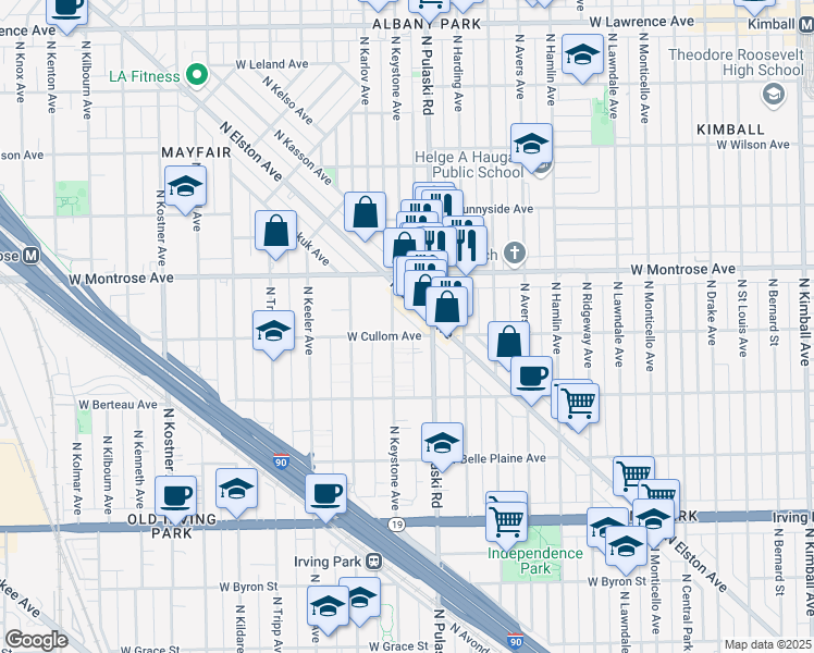 map of restaurants, bars, coffee shops, grocery stores, and more near 4319 North Keystone Avenue in Chicago