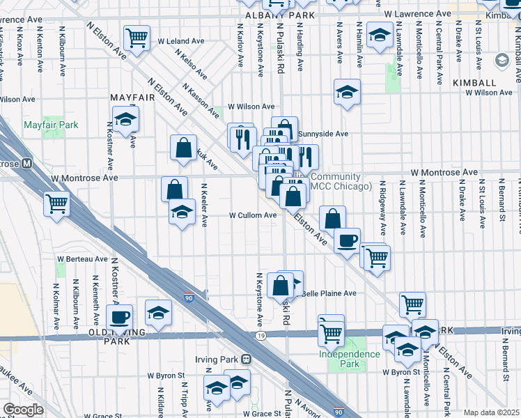 map of restaurants, bars, coffee shops, grocery stores, and more near 4319 North Keystone Avenue in Chicago