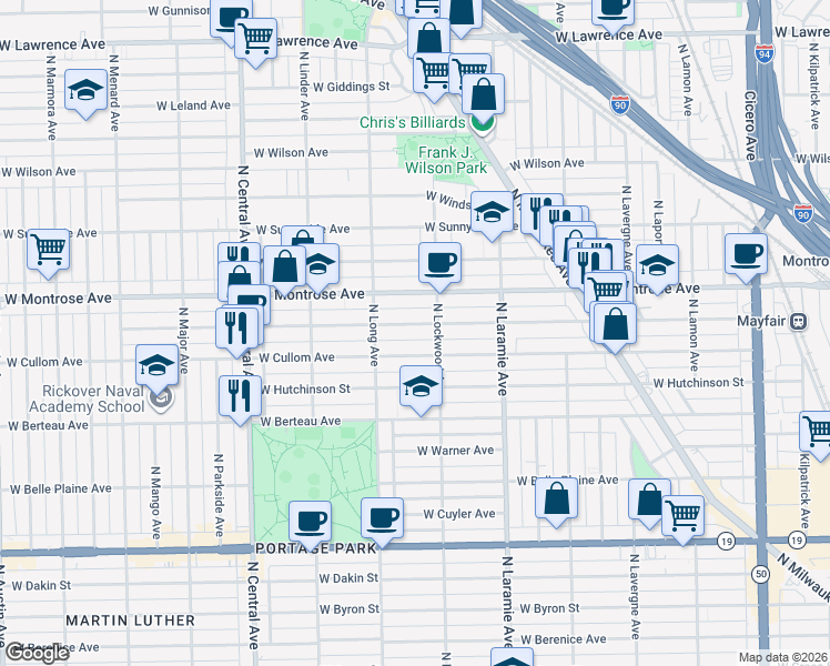 map of restaurants, bars, coffee shops, grocery stores, and more near 5317 West Pensacola Avenue in Chicago